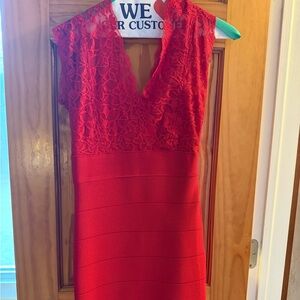 Red  and black Bebe Lace V-Neck Bodycon Dresses